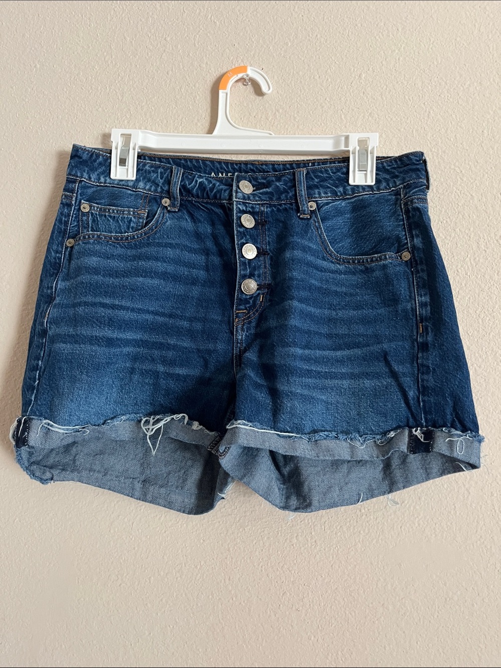 American Eagle Outfitters Button-Fly Dark Blue Rolled Hem Jean Shorts
